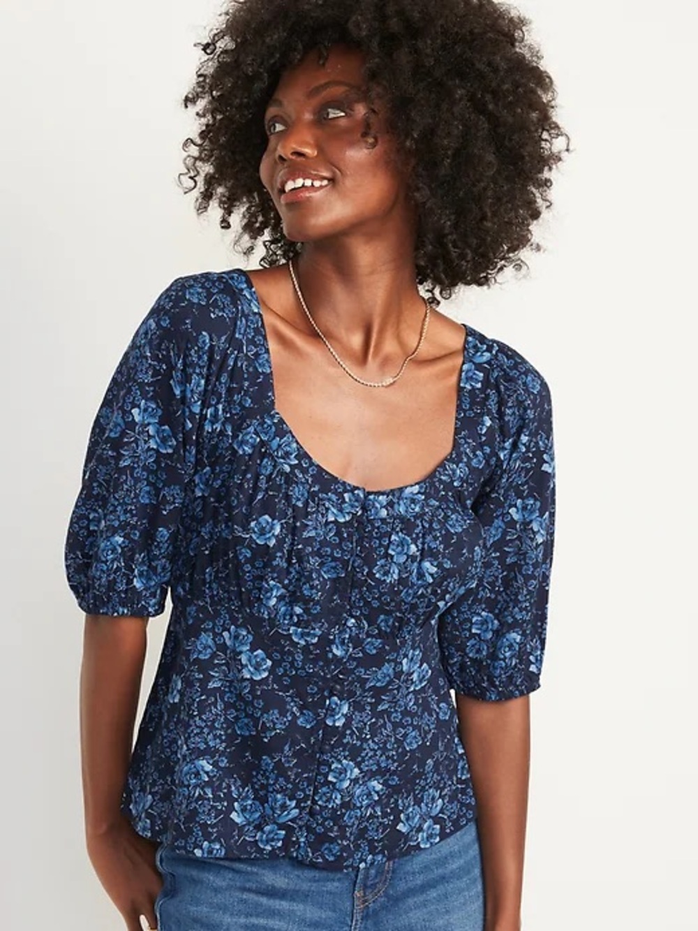 Blue Floral Puff Sleeve Top Romantic Cottagecore Peplum Blouse